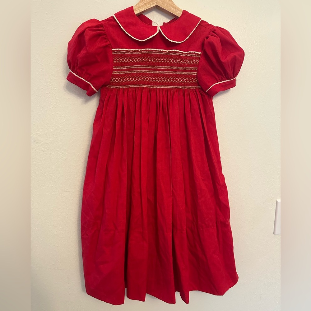 Vintage Valentine’s Day Red‎ Smocked Dress with White Trim Peter Pan collar